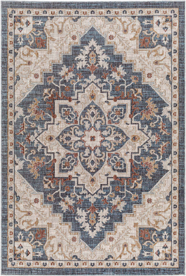 Detailed close-up of the Lewa Blue Area Rug, showcasing its traditional, geometric design and colors like blue, tan, and brown. Design-Rectangle-537