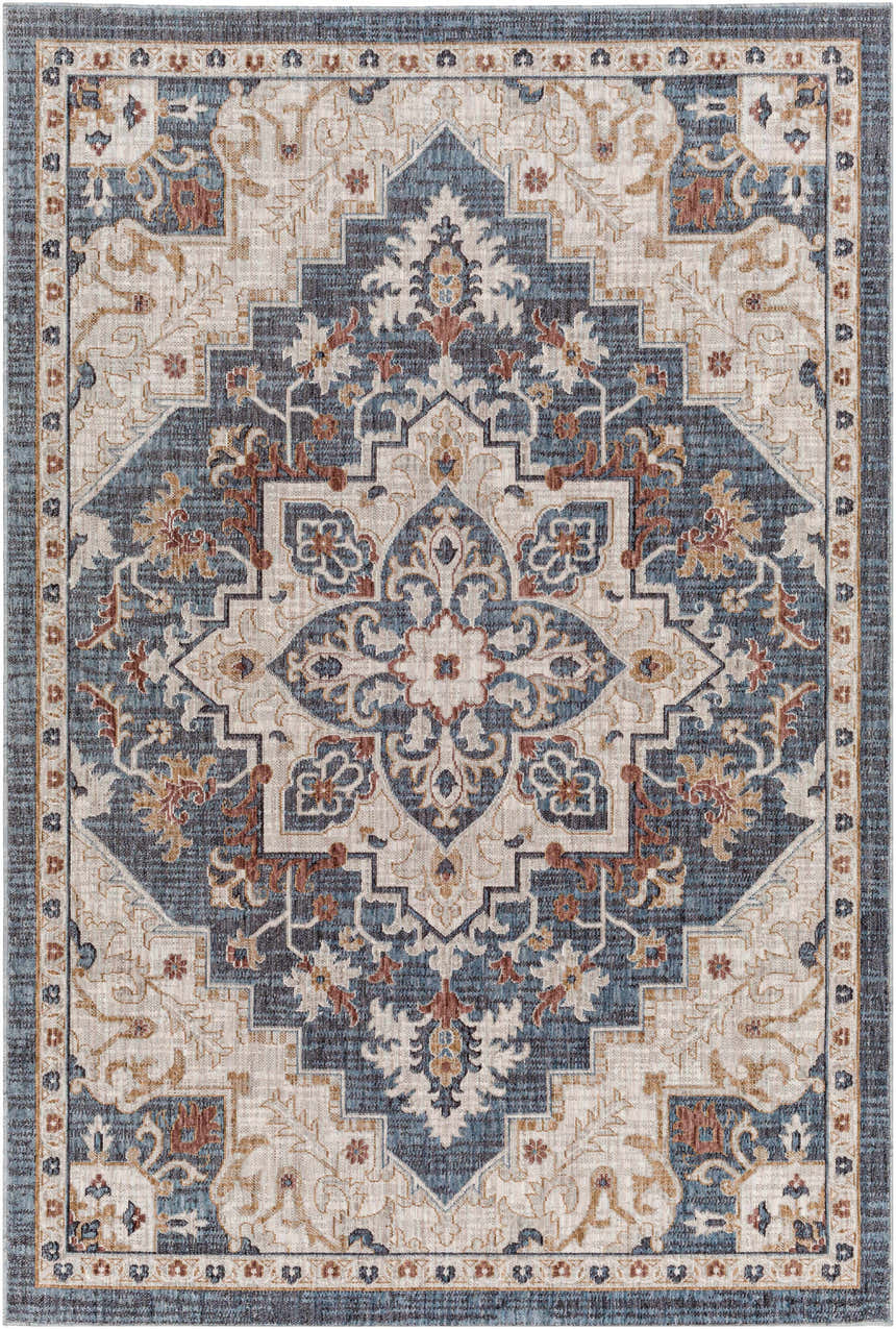 Detailed close-up of the Lewa Blue Area Rug, showcasing its traditional, geometric design and colors like blue, tan, and brown. Design-Rectangle-537