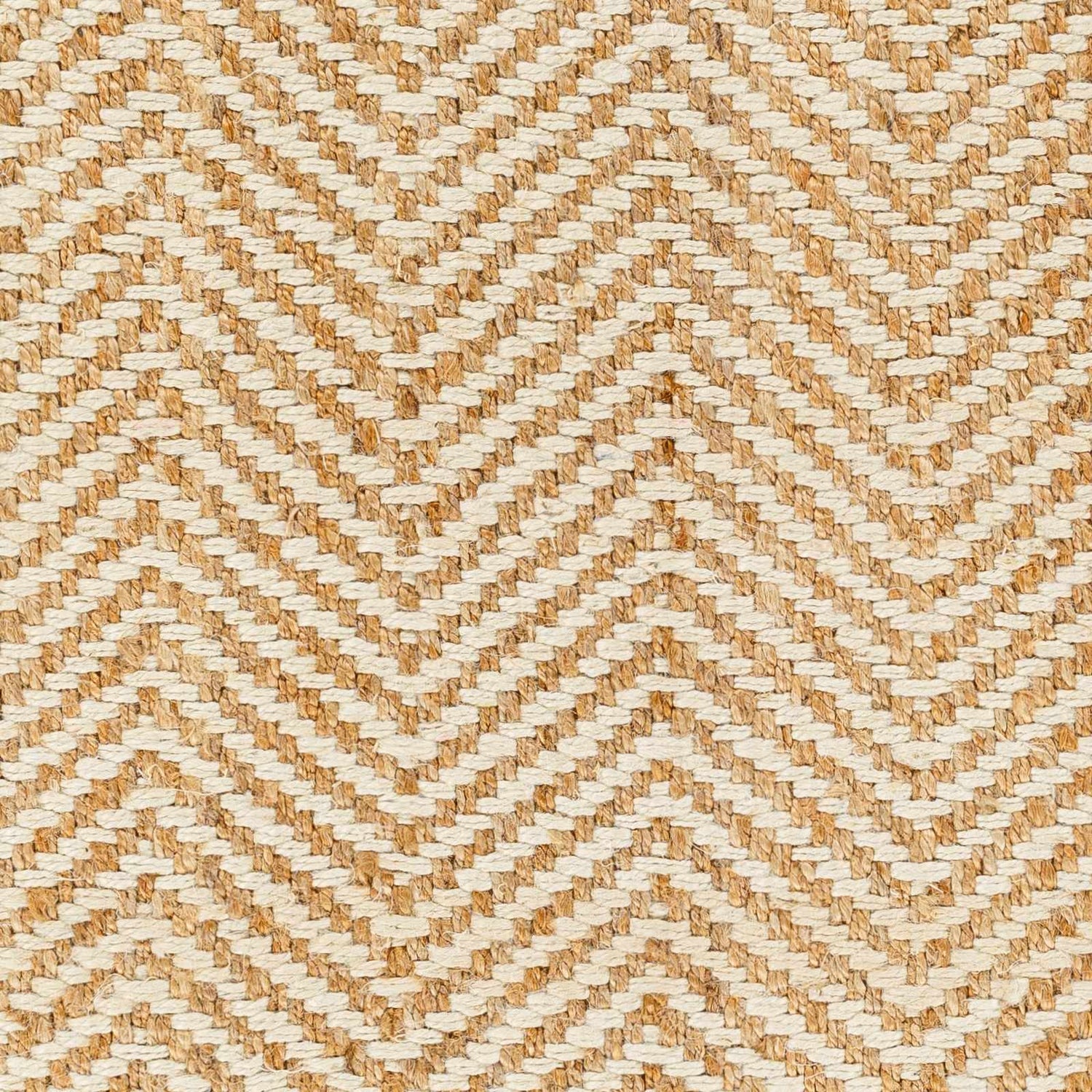 Close-up of the Aren Area Rug showing a hand-woven, geometric, cinnamon and beige chevron pattern. Swatch