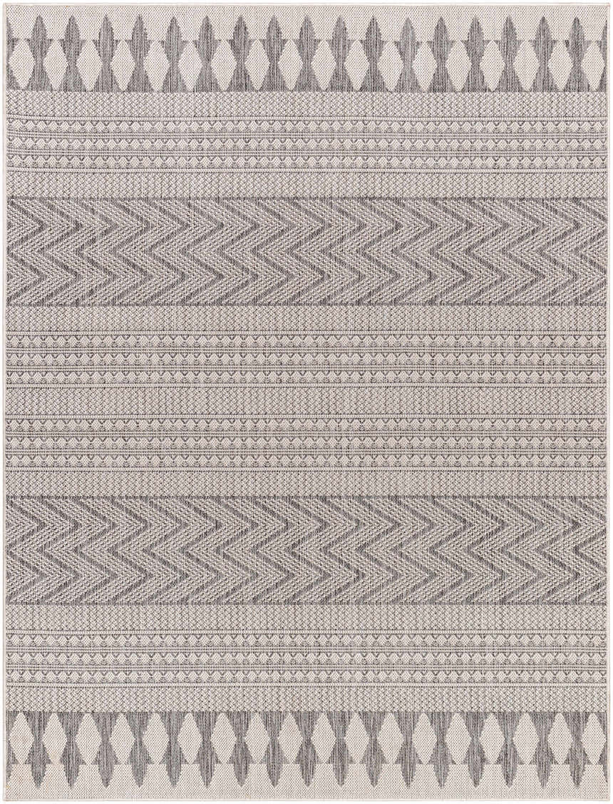 Close-up of Asif Gray Area Rug with charcoal, light gray, and off-white geometric patterns. Machine woven texture. Design-Rectangle-537