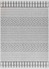 Close-up of the Asif Gray Area Rug featuring a farmhouse-style geometric pattern in charcoal, light gray, and off-white. Design-Rectangle-679