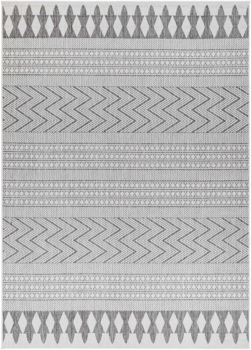 Close-up of the Asif Gray Area Rug featuring a farmhouse-style geometric pattern in charcoal, light gray, and off-white. Design-Rectangle-679