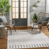 Patio scene with gray Asif Gray Area Rug, wicker chairs, and plants. Farmhouse style. Roomscene-Rectangle
