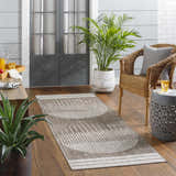Outdoor patio scene with brown Aviya Brown Area Rug, wicker chair, potted plants, and wood floors. Roomscene-Runner