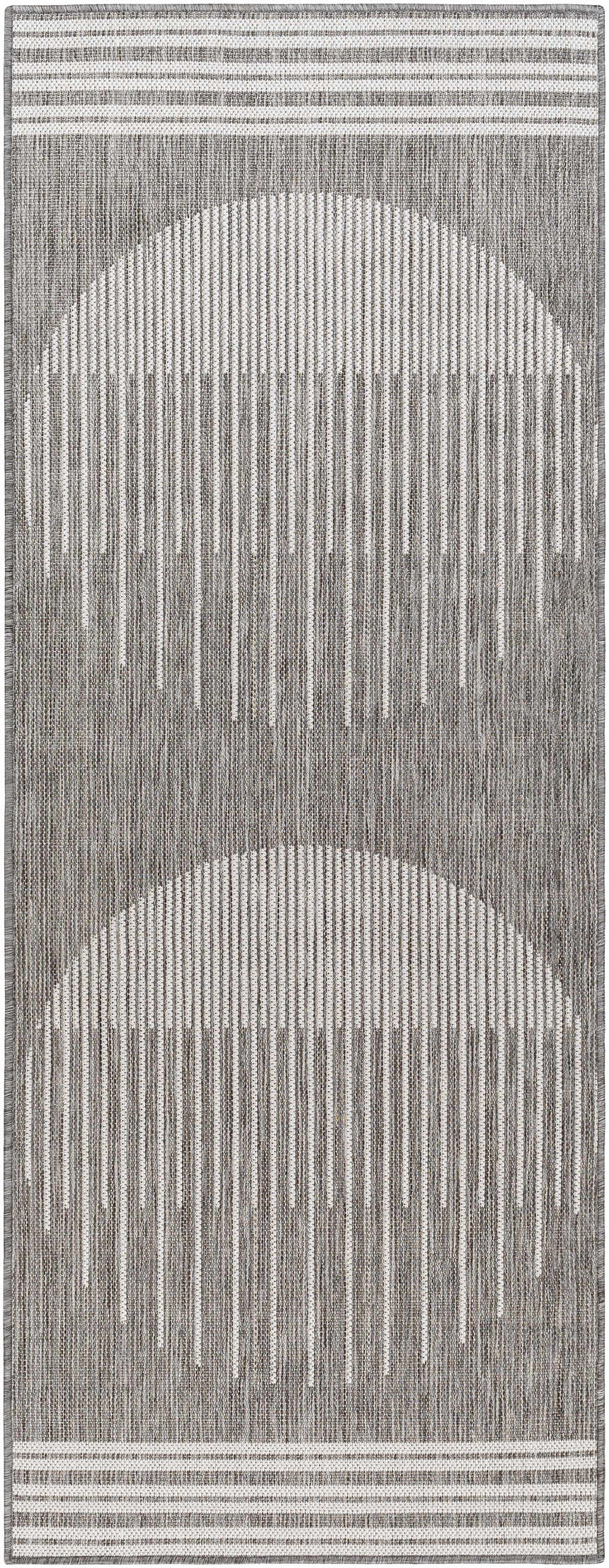 Close-up of Aviya Gray Area Rug. Charcoal and light gray rug with a modern, abstract linear pattern. Design-Runner-2773