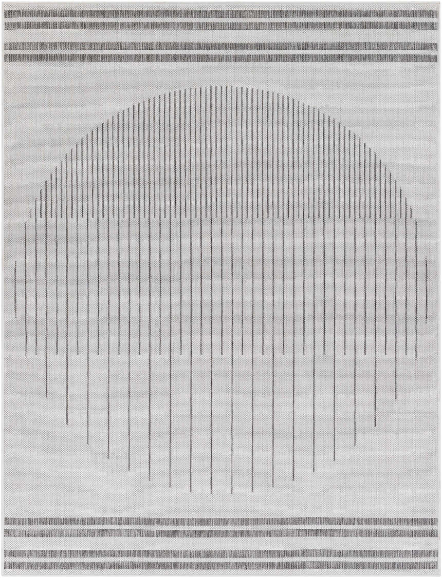 Close-up of Aviya Light Gray Area Rug, featuring a linear semi-circle design and striped borders. Design-Rectangle-537