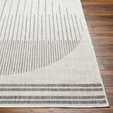 Close up of the Aviya Light Gray Area Rug showing its striped pattern and woven texture on wood floor. Front