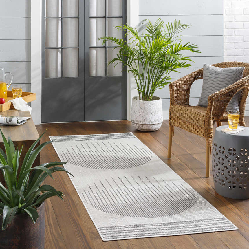 Sunroom scene with Aviya Light Gray Area Rug, wicker chair, potted plants, and wood floors creating a relaxing transitional space. Roomscene-Runner