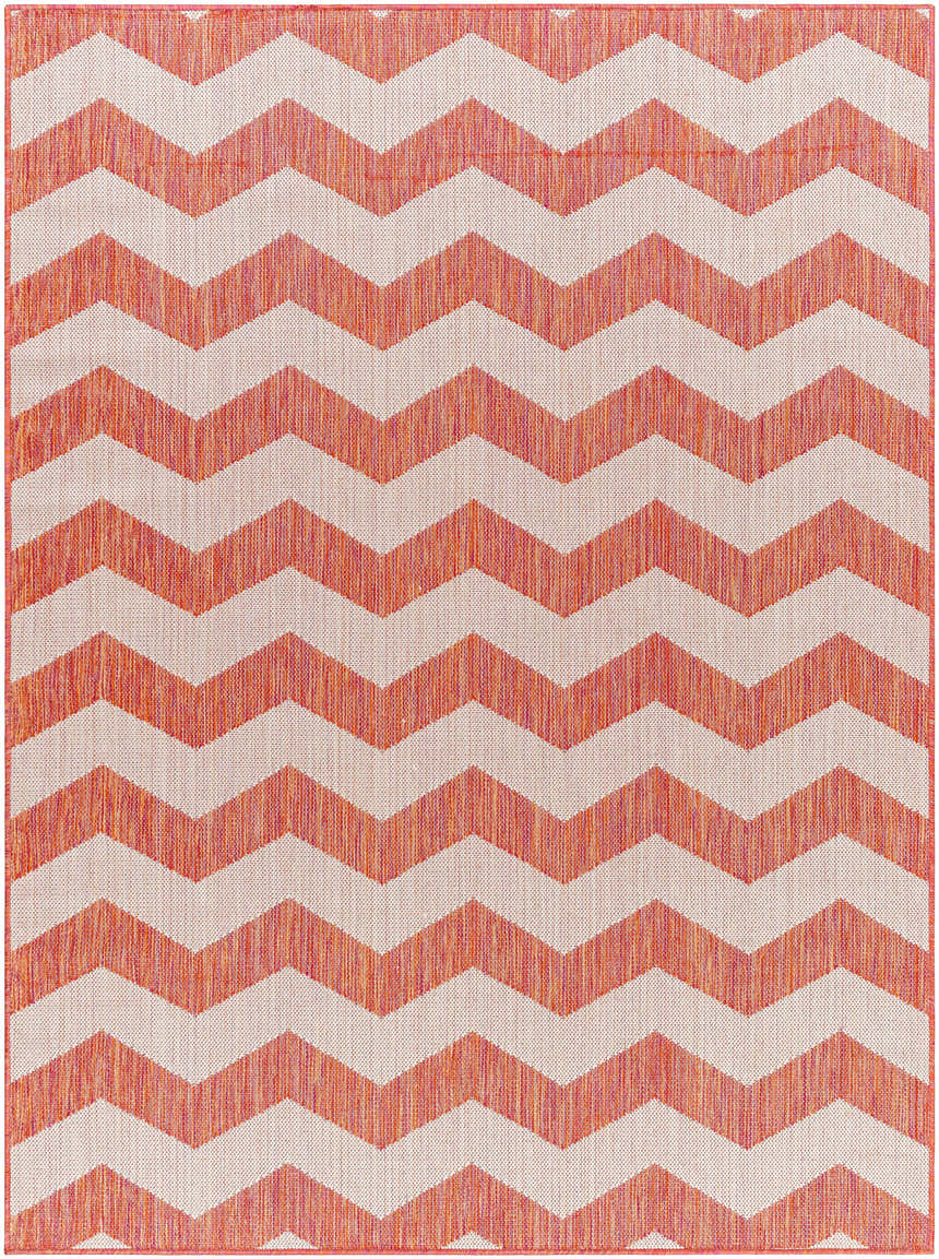 Close-up of the Cheri Lambswool Area Carpet, a machine-woven rug with a brown and rose gold chevron pattern. Design-Rectangle-537