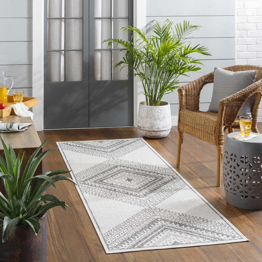 Light gray Deana runner rug in a sunroom with wood floors, wicker chair, and potted plants. Roomscene-Runner