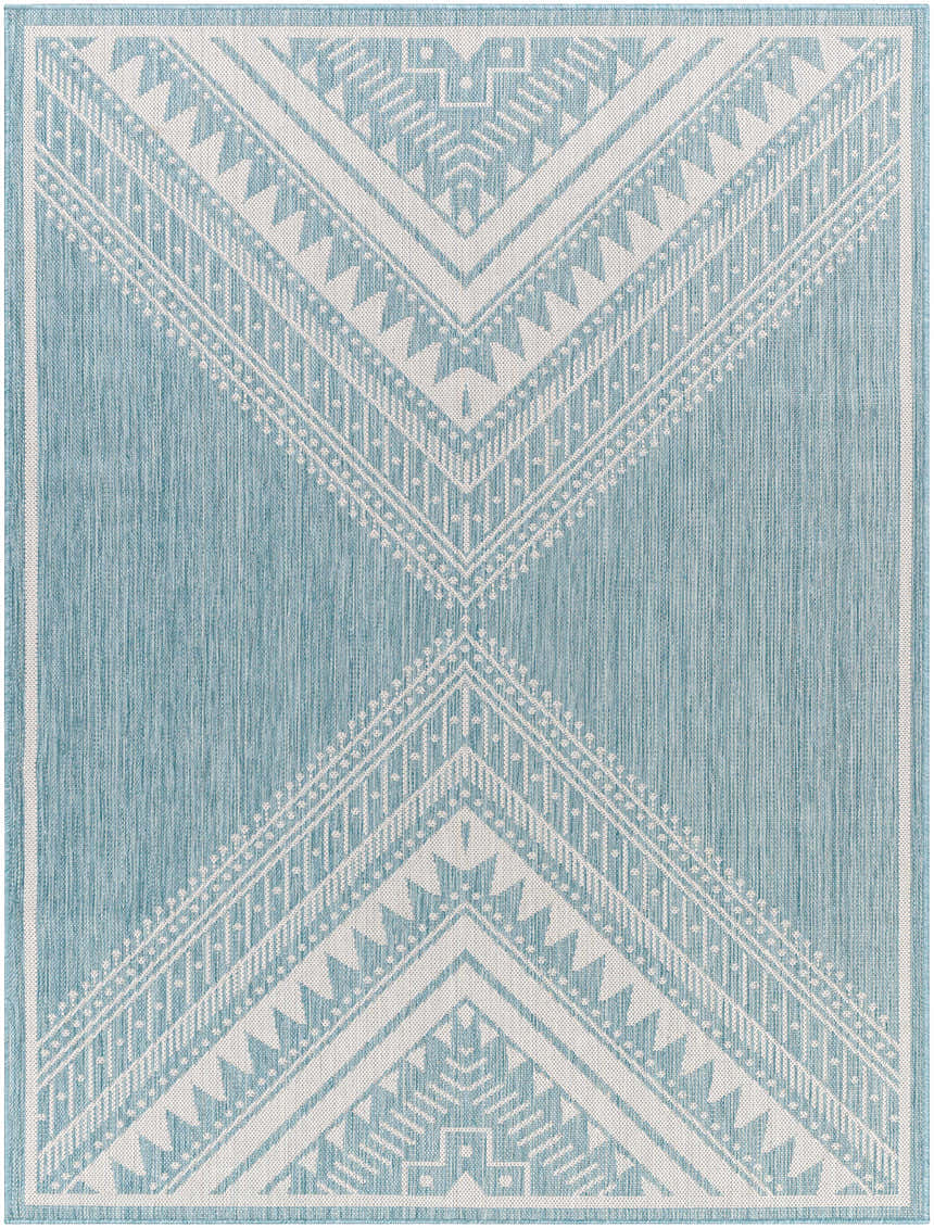 Deana Blue Area Rug, a close-up showing a geometric, transitional pattern in denim blue and white. Machine woven texture. Design-Rectangle-537
