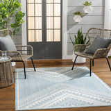 Cozy porch scene with Deana Blue Area Rug, wicker chairs, gray cushions, wood floors, and potted plants. Roomscene-Rectangle