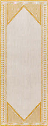Close-up of Efrem Mustard Area Carpet Area Rug. Features a geometric pattern in mustard and off-white. Farmhouse style. Design-Runner-2773