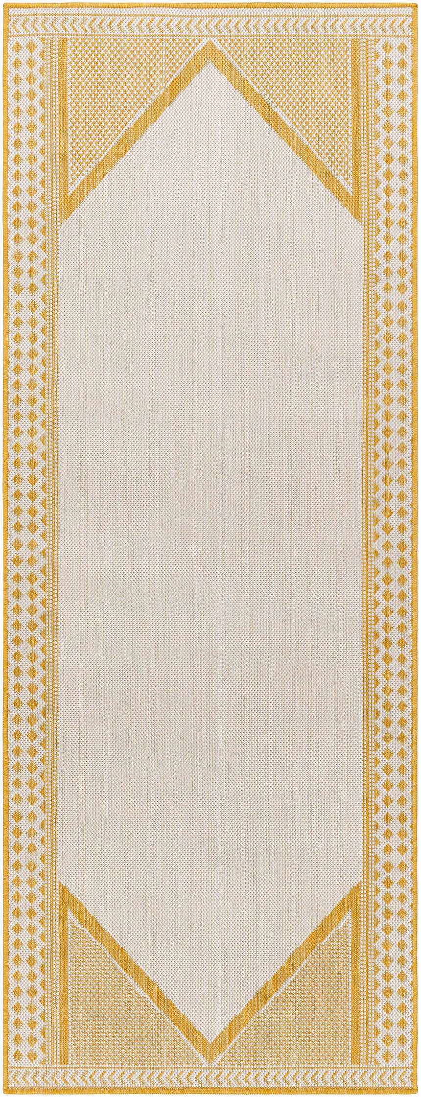 Close-up of Efrem Mustard Area Carpet Area Rug. Features a geometric pattern in mustard and off-white. Farmhouse style. Design-Runner-2773
