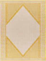 Close-up of Efrem Mustard Area Carpet: a geometric design with diamond shapes in mustard and off-white. Woven texture. Design-Rectangle-537