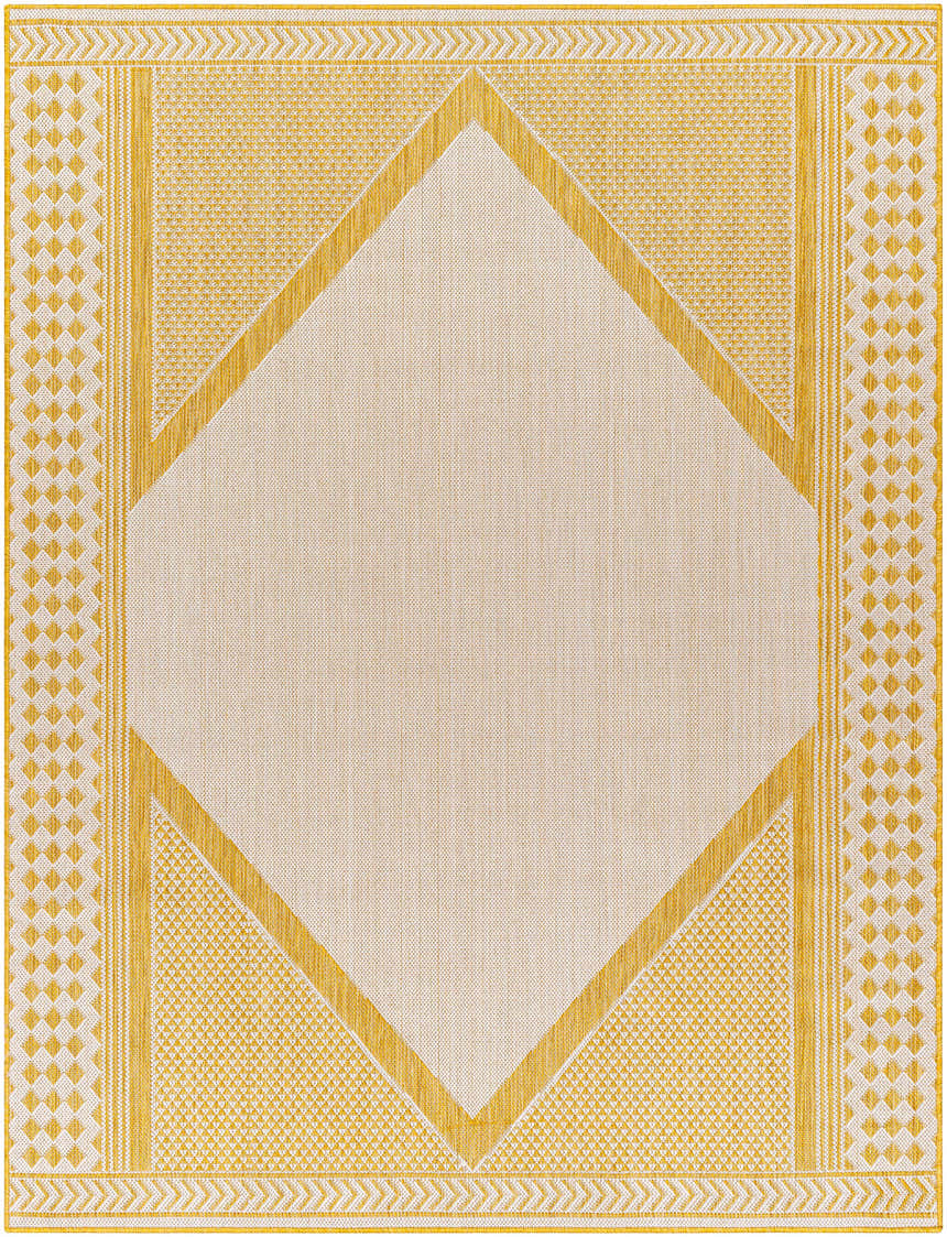 Close-up of Efrem Mustard Area Carpet: a geometric design with diamond shapes in mustard and off-white. Woven texture. Design-Rectangle-537