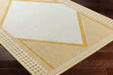 Close-up of the Efrem Mustard Area Rug showing its geometric pattern and mustard yellow and off-white colors. Corner
