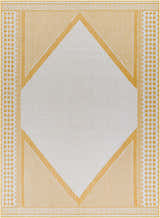 Close-up of Efrem Mustard Area Carpet. Features geometric diamond pattern in mustard and off-white. Farmhouse style. Design-Rectangle-679