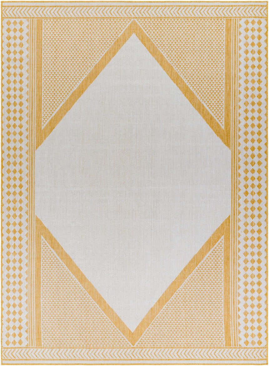 Close-up of Efrem Mustard Area Carpet. Features geometric diamond pattern in mustard and off-white. Farmhouse style. Design-Rectangle-679