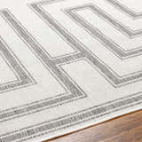 Close-up of Taro Light Gray Area Rug showing geometric pattern and texture on a wood floor. Texture