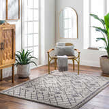 Bright living room with Elyes Gray Washable Area Rug, wood cabinet, chair, plants, and natural light. Farmhouse style. Roomscene-Rectangle