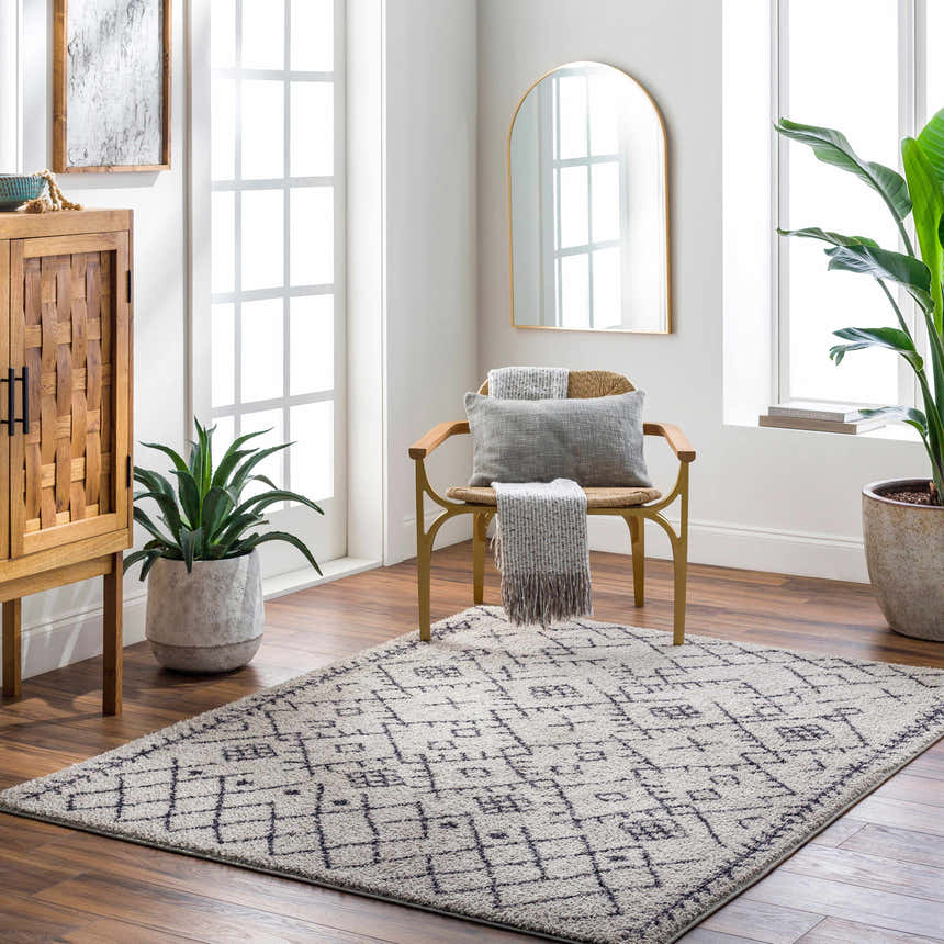 Bright living room with Elyes Gray Washable Area Rug, wood cabinet, chair, plants, and natural light. Farmhouse style. Roomscene-Rectangle
