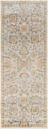 Close-up of the Dion Washable Floral Rug, featuring a traditional floral pattern in driftwood, navy, and orange on a light gray background. Design-Runner-2773