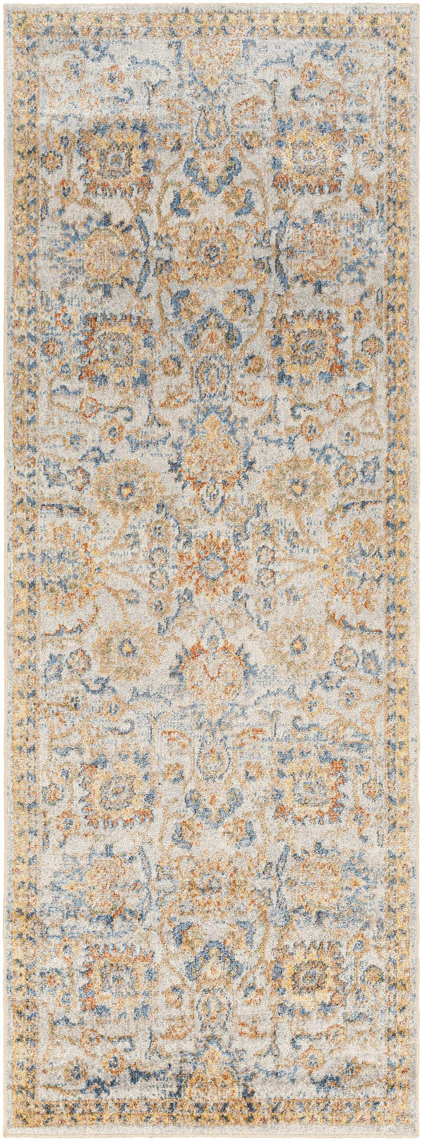 Close-up of the Dion Washable Floral Rug, featuring a traditional floral pattern in driftwood, navy, and orange on a light gray background. Design-Runner-2773