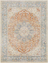 Close-up of Emke Rust Washable Area Rug. Features traditional design in rust, beige, gray, and blue tones. Machine woven texture. Design-Rectangle-537