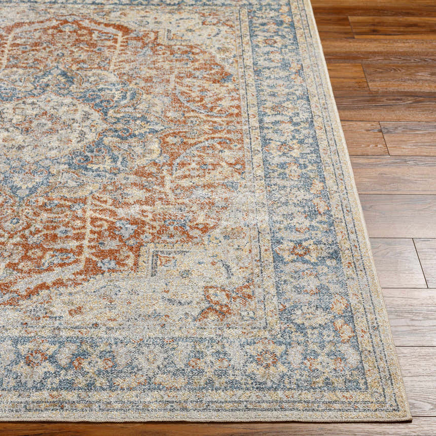 Close-up of the Emke Rust Washable Area Rug showing its traditional faded driftwood, nutmeg, and dark beige pattern and texture. Front