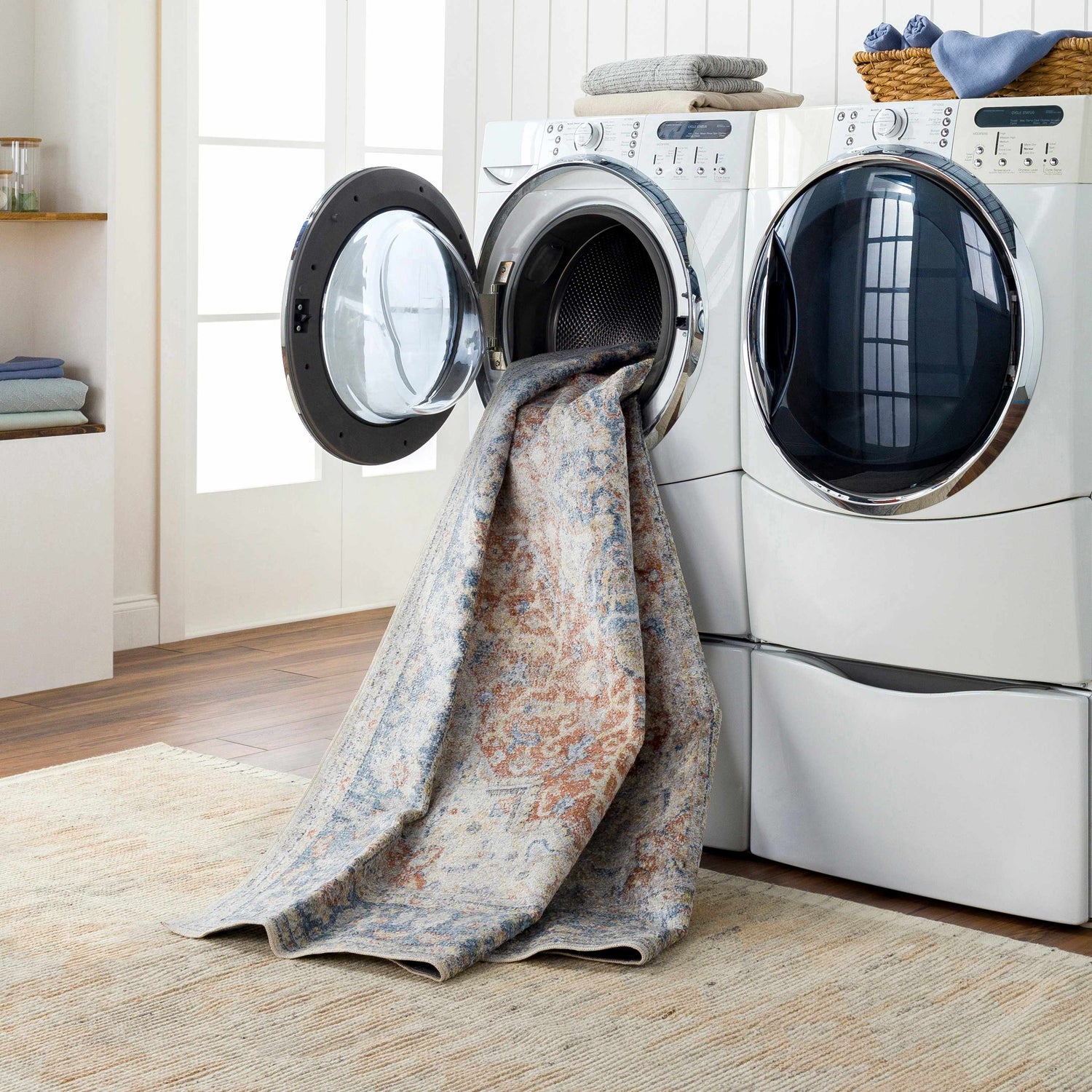 Emke Rust Washable Area Rug in a laundry room being washed in a front load washing machine. Easy care rug. Washing-Machine