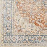 Close-up of the Emke Rust Washable Area Rug, featuring a traditional design in dark beige, rust, and blue tones. Swatch