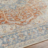 Close-up of the Emke Rust Washable Area Rug, showcasing its traditional, faded driftwood, nutmeg, and dark beige pattern and texture. Texture