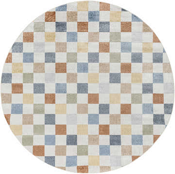 Close-up of round Alie Colorful Checkered Washable Rug. Features blue, tan, green, and mustard checkered pattern. Design-Round-67