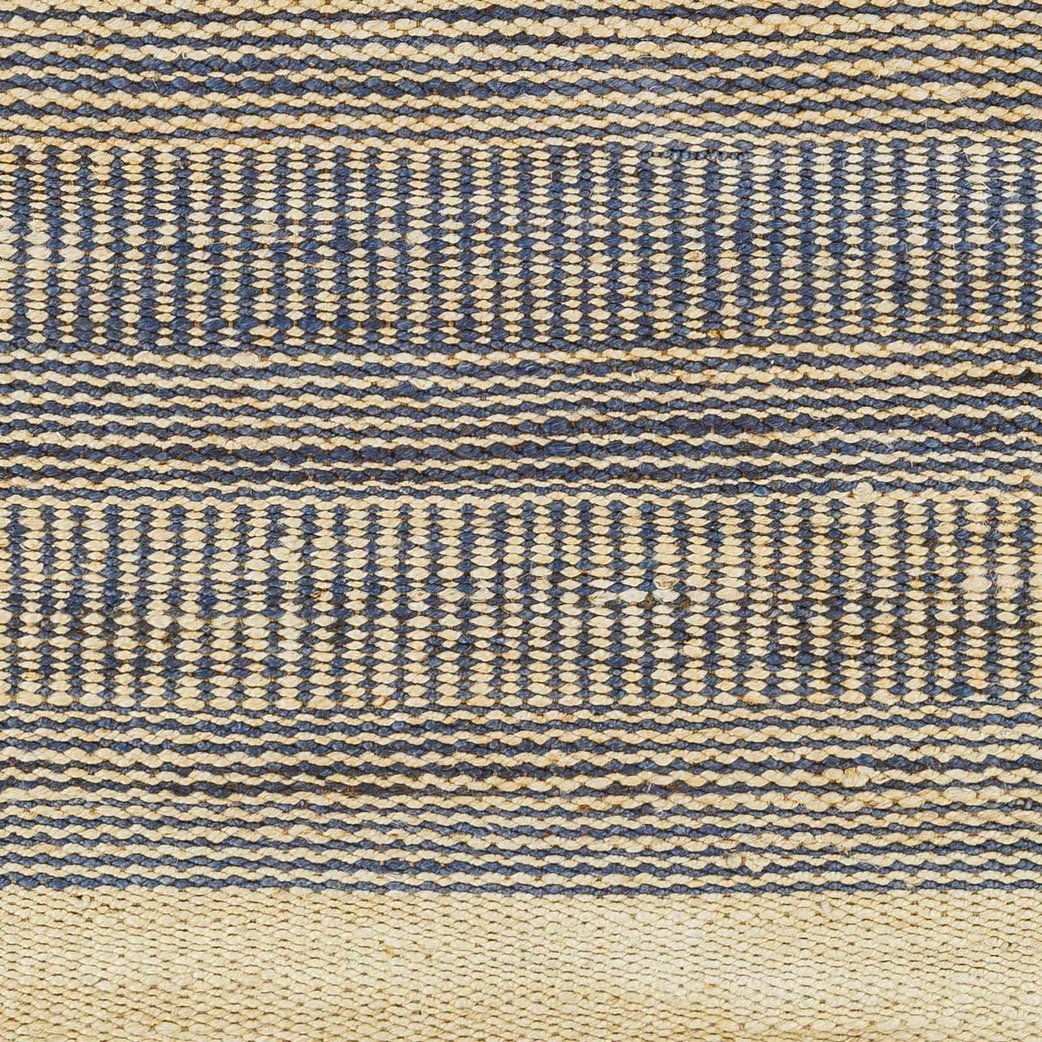 Close-up of the hand woven Blue Elle Area Rug, featuring a geometric pattern in denim and natural jute. Swatch