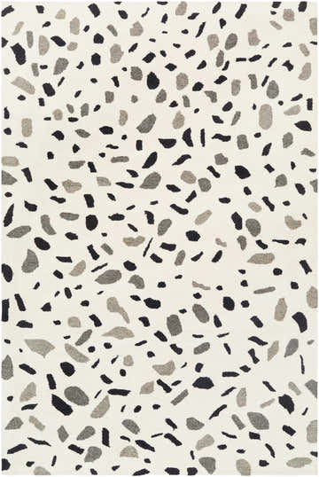 Close-up of the Sala Area Rug, a hand-tufted wool rug with a contemporary abstract pattern in beige, gray, and charcoal tones. Design-Rectangle-576
