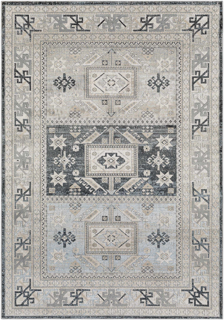 Detailed Sultanbeyli Area Carpet in black, cream, gray, peach, taupe, and teal with a traditional geometric pattern. Design-Rectangle-5373
