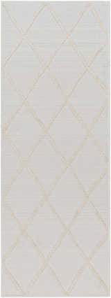 Close-up of Amani White Washable Rug. Neutral rug with a geometric diamond pattern and soft, textured design. Design-Runner-2772