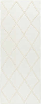 Close-up of Amani White Washable Rug, featuring a geometric diamond pattern and soft, textured design. Design-Runner-2772