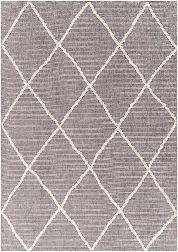 Close-up of Amani Gray Washable Rug; dark gray with a white geometric diamond pattern. Contemporary style. Design-Rectangle-57