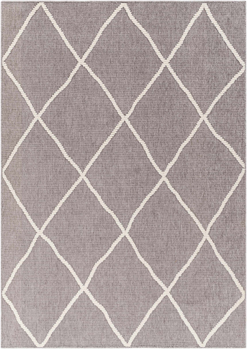 Close-up of Amani Gray Washable Rug; dark gray with a white geometric diamond pattern. Contemporary style. Design-Rectangle-57