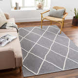 Living room scene with a gray Amani Washable Rug featuring a white geometric pattern, styled with a beige sofa and woven chair. Roomscene-Rectangle
