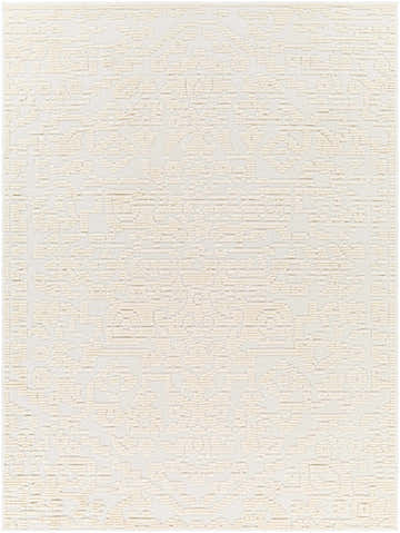 Close-up of the Beren Cream Washable Area Rug showing its subtle traditional pattern and soft, textured weave. Design-Rectangle-57