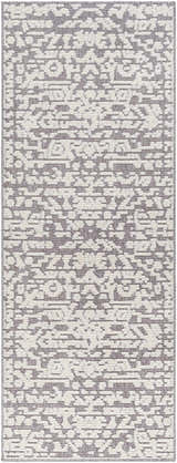 Close-up of the Beren Gray Washable Area Rug, featuring a bone and gray abstract pattern and machine-woven texture. Design-Runner-2772