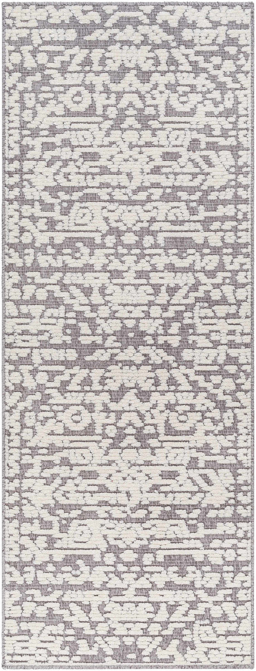Close-up of the Beren Gray Washable Area Rug, featuring a bone and gray abstract pattern and machine-woven texture. Design-Runner-2772