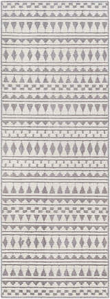 Close-up of Cili Washable Area Rug. Geometric pattern in cloud gray and light gray. Machine woven texture. Design-Runner-2772