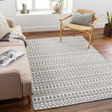 Living room scene with a Cili Washable Area Rug in cloud gray, geometric pattern, under a sofa and chair. Roomscene-Rectangle