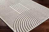 Close-up of the Deron Gray Rainbow Washable Rug featuring a contemporary geometric design in gray and white. Corner
