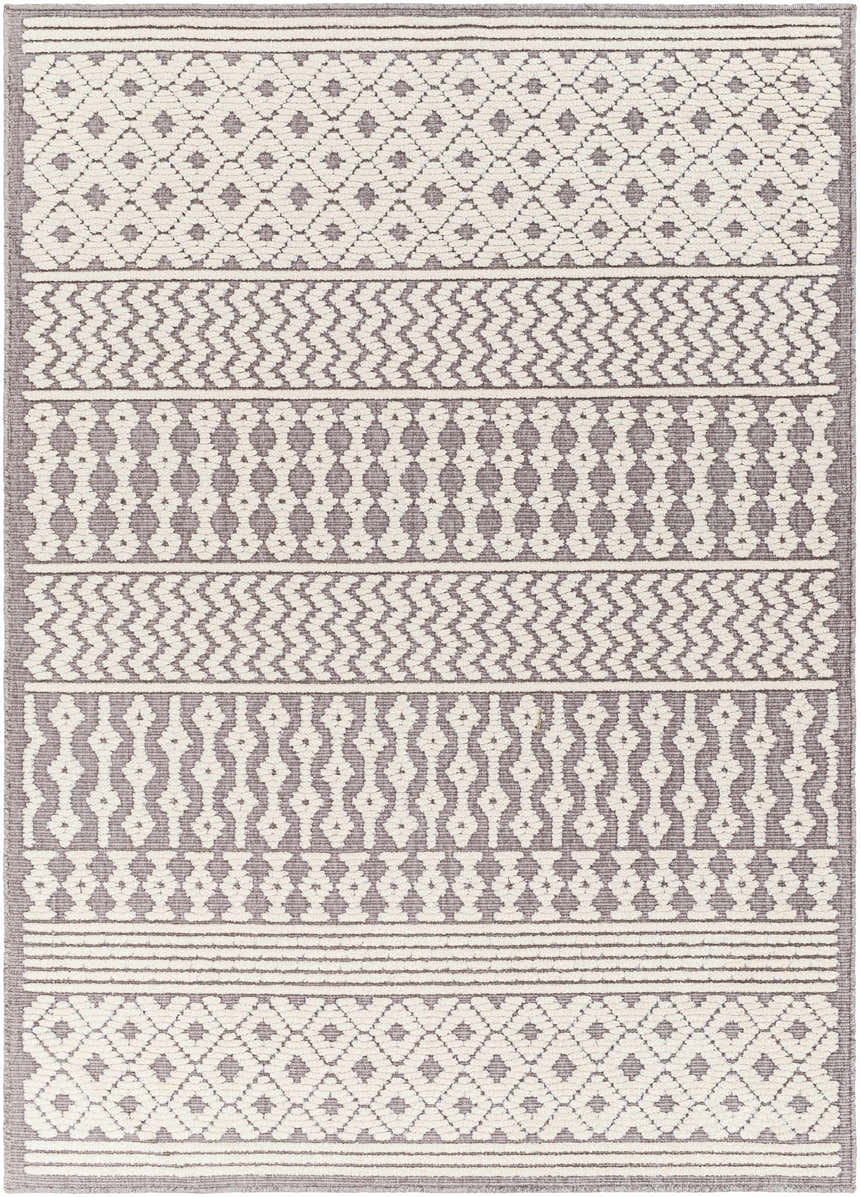 Close-up of Drago Gray 3D Area Rug. Features bone and gray geometric patterns with a textured, machine-woven construction. Design-Rectangle-57