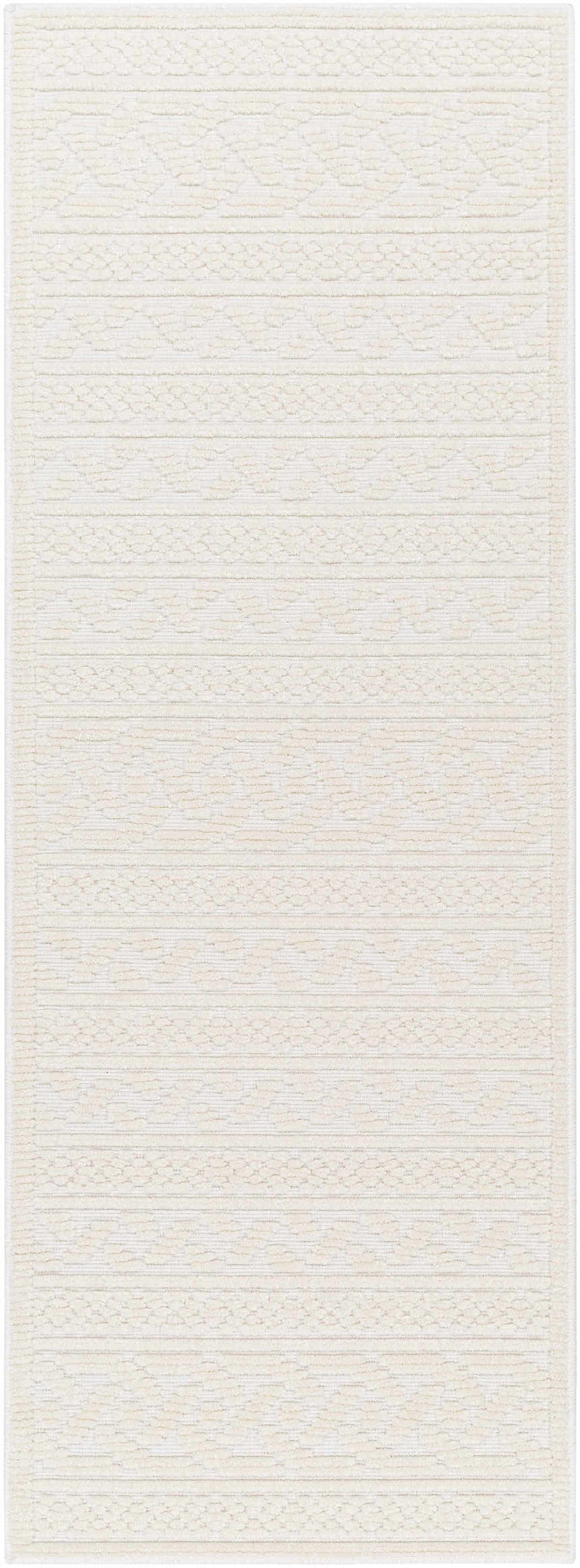 Close-up of the Fadey White 3D Washable Rug. Features a subtle geometric pattern and soft, plush texture in off-white tones. Design-Runner-2772